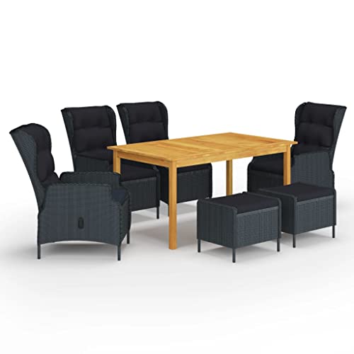 7-TLG. Garten-Essgruppe, dunkelgrau, aus Akazienholz & Rattan, verstellbare Stühle mit Kissen, für Terrasse & Balkon, Robustes Gartenmöbel-Set von Teenpull