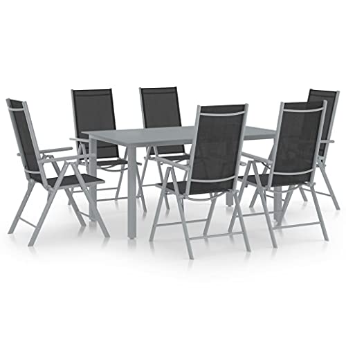 7-TLG. Garten-Essgruppe Aluminium Silbern und Schwarz, 150x90cm Tisch mit Glasplatte, Klappbare Stühle, Verstellbare Rückenlehnen für Terrasse und Balkon von Teenpull
