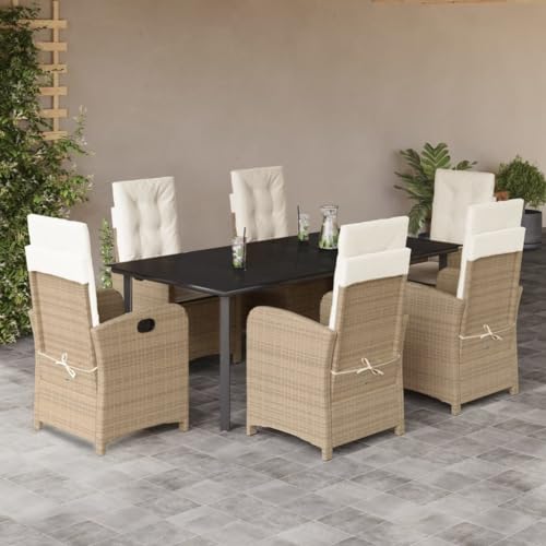 7-TLG. Garten-Essgruppe Beige Poly Rattan, Verstellbare Stühle mit Kissen, Gartentisch Glasplatte, Modernes Outdoor Dining Set für Patio, Terrasse & Balkon, UV-beständig von Teenpull