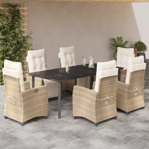 7-TLG. Garten-Essgruppe Beige Poly Rattan, verstellbare Stühle, Glasplatte, für Terrasse, Garten, Outdoor, Balkon von Teenpull