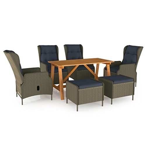 7-TLG. Garten-Essgruppe Braun mit Liegefunktion, Massivholz-Tisch & Rattan-Stühlen, Polyrattan Outdoor Möbel Set für Terrasse, Balkon, Gartenbereich von Teenpull