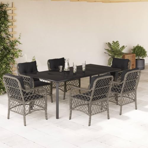 7-TLG. Garten-Essgruppe Grau Poly Rattan, 200x100 cm Tisch, 6 Stühle mit Kissen, Outdoor Patio Möbel Set für Terrasse, Balkon, Essbereich von Teenpull