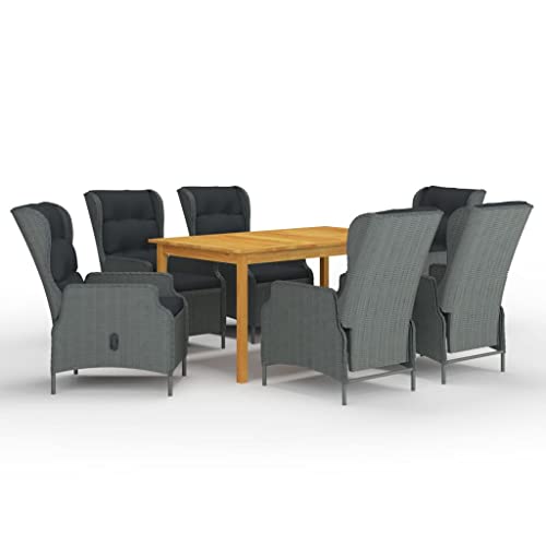 7-TLG. Garten-Essgruppe Hellgrau, Akazienholz Esstisch & 6 PE-Rattan Stühle mit Liegefunktion, Outdoor Möbel Set für Terrasse, Balkon von Teenpull