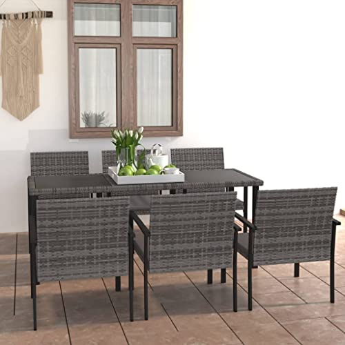 7-TLG. Garten-Essgruppe Poly Rattan Grau, Outdoor Möbel Set mit 6 Stühlen, Esstisch & Sitzpolstern, wetterfest, für Terrasse Balkon von Teenpull
