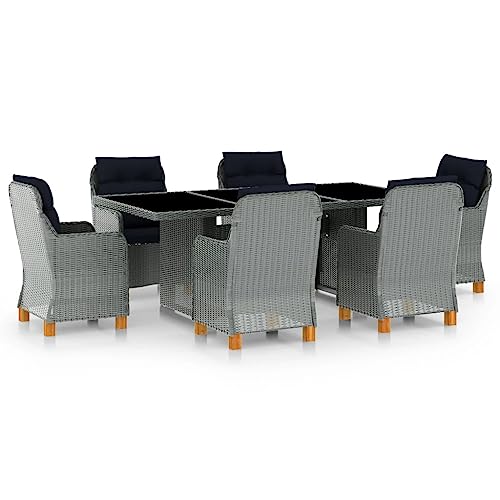 7-TLG. Garten-Essgruppe Poly Rattan Hellgrau mit abnehmbaren Polstern, Großer Outdoor Esstisch aus Glas & 6 Stühlen für Terrasse, Balkon, Veranda von Teenpull