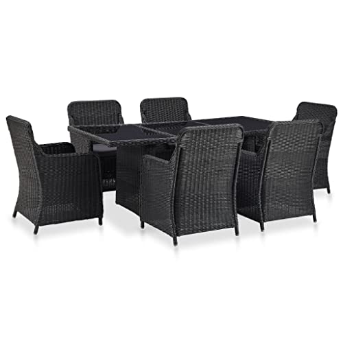 7-TLG. Garten-Essgruppe Poly Rattan Schwarz, 200x100cm Tisch, 6 Stühle, wetterfest, für Terrasse & Balkon, Robustes Outdoor Möbelset von Teenpull