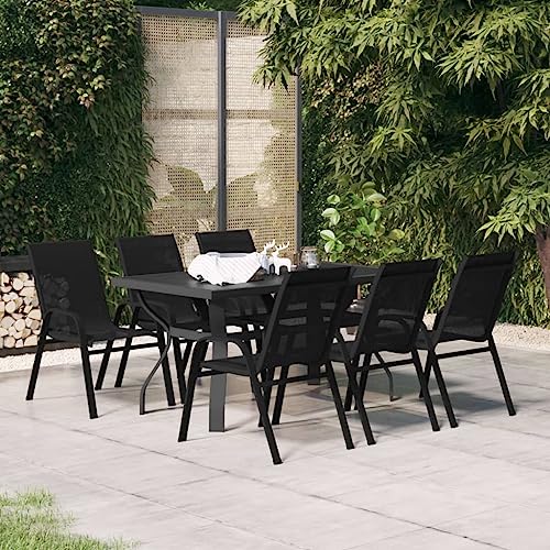 7-TLG. Garten-Essgruppe Schwarz, Moderne Outdoor Möbel Garnitur mit Glas-Tisch und stapelbaren Textilene Stühlen, Wetterfestes Terrassen Set für Balkon, Garten und Patio 7-TLG. Garten-Essgruppe Schwarz, Moderne Outdoor Möbel Garnitur mit Glas-Tisch und stapelbaren Textilene Stühlen, Wetterfestes Terrassen Set für Balkon, Garten und Patio von Teenpull