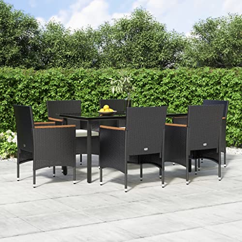 7-TLG. Garten-Essgruppe Schwarz, Poly Rattan Outdoor Esszimmer Set, Terrassenmöbel mit Kissen, Balkon Dining Tisch und Stühle, witterungsbeständig von Teenpull