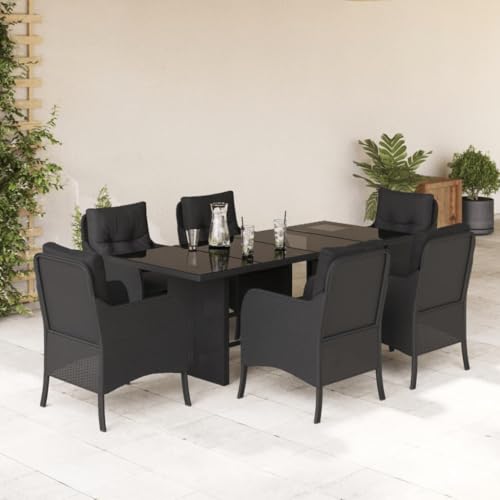 7-TLG. Garten-Essgruppe Schwarz Poly Rattan, 190x80cm Glastisch, Bequeme Kissen, für Terrasse, Balkon, Garten, Outdoor Möbel Set, witterungsbeständig 7-TLG. Garten-Essgruppe Schwarz Poly Rattan, 190x80cm Glastisch, Bequeme Kissen, für Terrasse, Balkon, Garten, Outdoor Möbel Set, witterungsbeständig von Teenpull