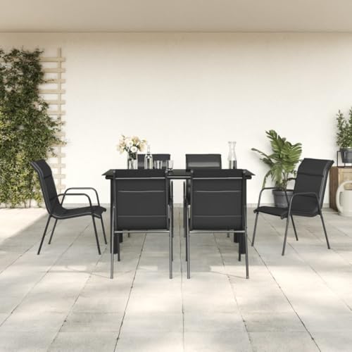 7-TLG. Garten-Essgruppe Schwarz Stahl, Textilene gepolstert, 140x70cm Tisch mit gehärtetem Glas, Outdoor Essbereich Set für Terrasse, Balkon von Teenpull