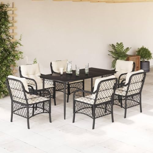 7-TLG. Garten-Essgruppe Schwarz aus Poly Rattan mit Kissen, 160x80cm Glastisch, für Terrasse, Balkon, Außenbereich, UV-beständig 7-TLG. Garten-Essgruppe Schwarz aus Poly Rattan mit Kissen, 160x80cm Glastisch, für Terrasse, Balkon, Außenbereich, UV-beständig von Teenpull