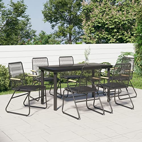 7-TLG. Garten-Essgruppe Schwarz aus UV-beständigem PVC-Rattan & Stahl, 6 Stühle mit Armlehnen & Glastisch 140x70cm für Terrasse & Balkon von Teenpull
