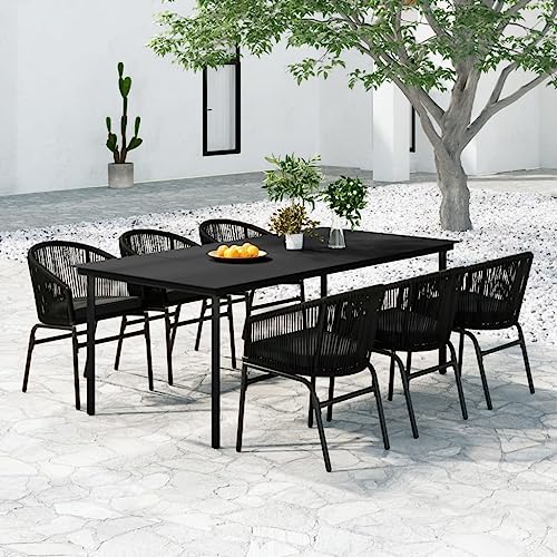 7-TLG. Garten-Essgruppe Schwarz mit pulverbeschichtetem Stahlrahmen, gehärtetem Glas und bequemen PVC-Rattan-Stühlen, ideal für Terrasse und Balkon von Teenpull