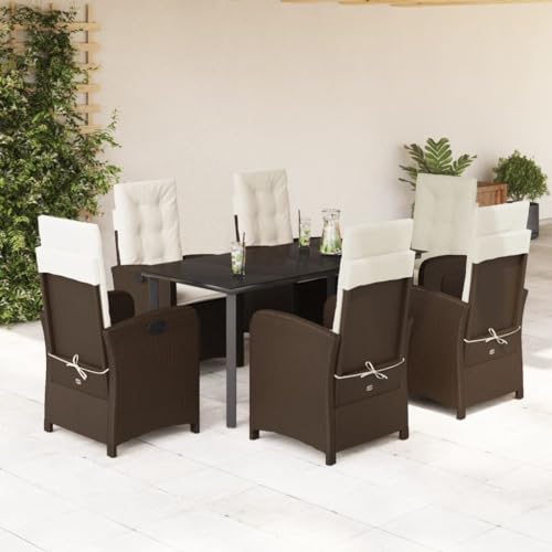 7-TLG. Garten-Essgruppe mit Kissen, Braun Poly Rattan Outdoor Möbel Set, Verstellbare Stühle, Glastisch, für Terrasse, Balkon von Teenpull