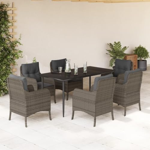 7-TLG. Garten-Essgruppe mit Kissen Grau, Poly Rattan Outdoor Möbel Set, Esstisch mit 6 Stühlen, Terrasse Balkon Hof von Teenpull