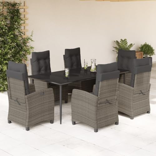 7-TLG. Garten-Essgruppe mit Kissen Grau, Poly Rattan Outdoor Möbel Set, Verstellbare Stühle, Glastisch, für Terrasse, Balkon, Garten von Teenpull