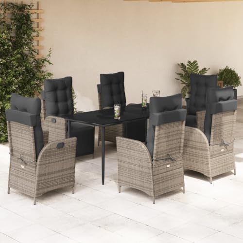7-TLG. Garten-Essgruppe mit Kissen Grau, Poly Rattan Outdoor Möbel Set, verstellbare Stühle, Esstisch mit Glasplatte für Balkon, Terrasse von Teenpull