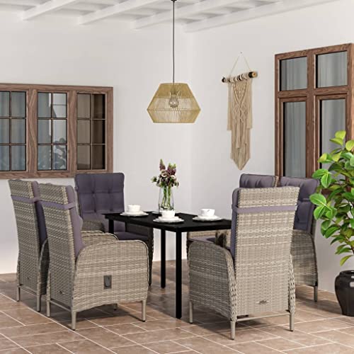 7-TLG. Garten-Essgruppe mit Kissen Grau und Schwarz, Outdoor Essbereich Möbel Set für Patio Balkon & Terrasse, Bequeme Stühle mit Armlehnen von Teenpull
