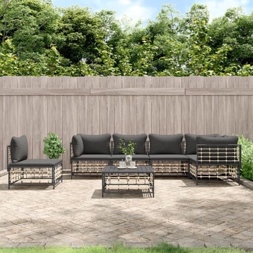 7-TLG. Garten-Lounge-Set, Anthrazit Poly Rattan, mit bequemen Kissen, robustem Stahlrahmen für Terrasse, Außenbereich, modulares Design von Teenpull