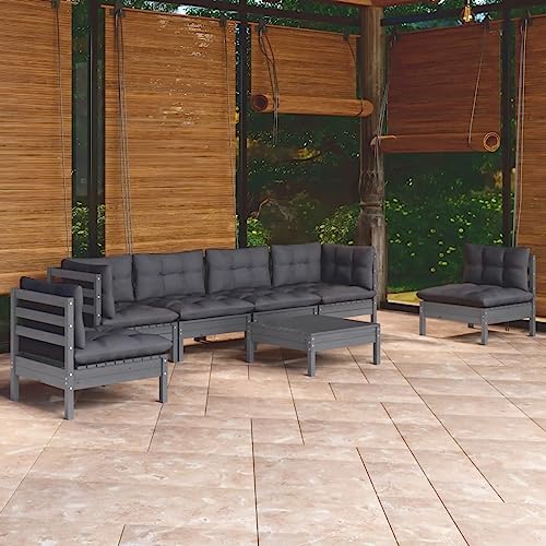 7-TLG. Garten-Lounge-Set aus massivem Kiefernholz, Grau, mit bequemen Anthrazit-Kissen, modulares Outdoor-Sofa für Terrasse, Balkon & Pool – Robustes Gartenmöbel-Set für entspannte Stunden von Teenpull