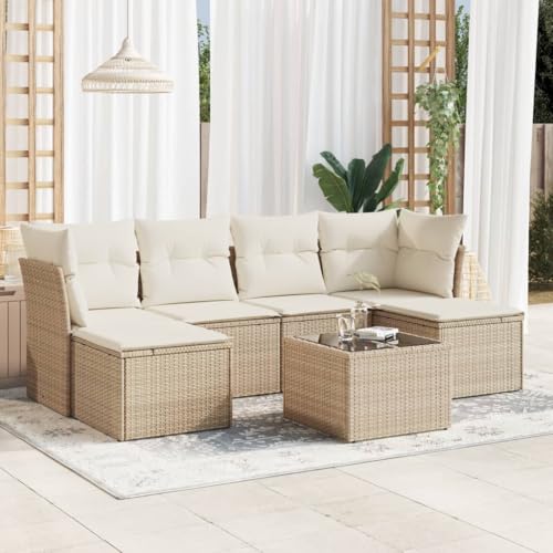 7-TLG. Garten-Sofagarnitur, Beige Poly Rattan Outdoor Möbel Set mit Hartglas-Tischplatte, UV-beständig, modulare Terrassenlounge für Balkon und Veranda von Teenpull