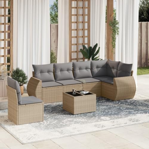 7-TLG. Garten-Sofagarnitur, Beige Poly Rattan Outdoor Möbel Set mit Kissen, Ecksofa Mittelsofa Armlehnensofa Gartentisch, für Terrasse Balkon 7-TLG. Garten-Sofagarnitur, Beige Poly Rattan Outdoor Möbel Set mit Kissen, Ecksofa Mittelsofa Armlehnensofa Gartentisch, für Terrasse Balkon von Teenpull