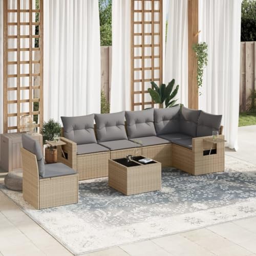 7-TLG. Garten-Sofagarnitur, Beige Poly Rattan Outdoor Set mit Glastisch, modulare Terrassenmöbel für Balkon, Veranda, Hof 7-TLG. Garten-Sofagarnitur, Beige Poly Rattan Outdoor Set mit Glastisch, modulare Terrassenmöbel für Balkon, Veranda, Hof von Teenpull