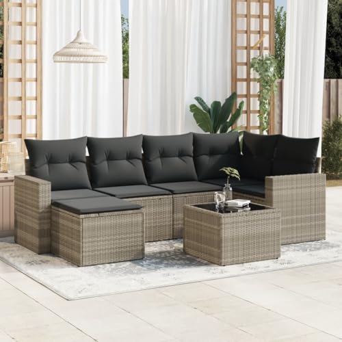 7-TLG. Garten-Sofagarnitur, Hellgrau Poly Rattan Loungemöbel Set, Outdoor Patio Möbel mit Kissen und Glastisch für Terrasse, Balkon, Garten 7-TLG. Garten-Sofagarnitur, Hellgrau Poly Rattan Loungemöbel Set, Outdoor Patio Möbel mit Kissen und Glastisch für Terrasse, Balkon, Garten von Teenpull