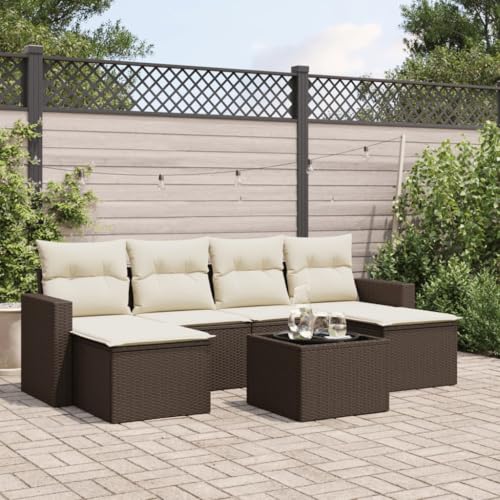 7-TLG. Garten-Sofagarnitur Braun Poly Rattan mit Kissen, Modulare Outdoor Sitzgruppe für Terrasse, Balkon & Garten, UV-beständig, Hartglas Tischplatte 7-TLG. Garten-Sofagarnitur Braun Poly Rattan mit Kissen, Modulare Outdoor Sitzgruppe für Terrasse, Balkon & Garten, UV-beständig, Hartglas Tischplatte von Teenpull