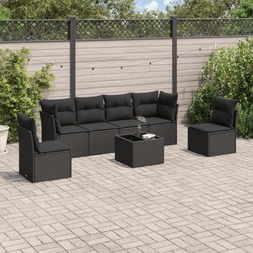 7-TLG. Garten-Sofagarnitur Schwarz Poly Rattan mit Kissen, Outdoor Lounge Set, Modulares Terrassenmöbel mit Glastisch für Balkon, Garten, Hof, UV-beständig 7-TLG. Garten-Sofagarnitur Schwarz Poly Rattan mit Kissen, Outdoor Lounge Set, Modulares Terrassenmöbel mit Glastisch für Balkon, Garten, Hof, UV-beständig von Teenpull