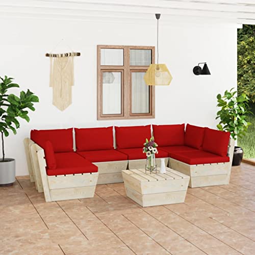 7-TLG. Garten-Sofagarnitur aus Paletten mit Kissen, Fichtenholz imprägniert, Robustes Outdoor-Set für Terrasse, Balkon und Garten, modulare Lounge-Möbel mit roter Polsterung von Teenpull