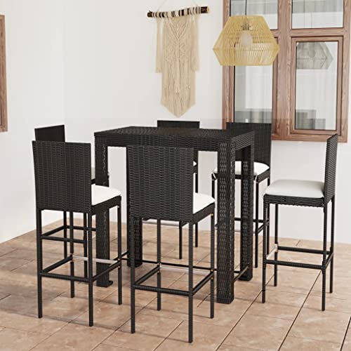 7-TLG. Gartenbar-Set mit Kissen, Poly Rattan Schwarz, Bartisch und 6 Barhockern für Terrasse, Balkon, Garten, langlebiges Outdoor-Möbel-Set von Teenpull
