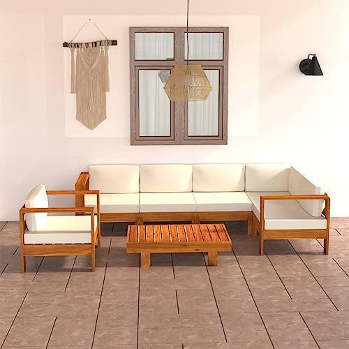 7-teiliges Garten-Lounge-Set aus Akazienholz, Cremeweiß, mit Kissen, 100 x 60 cm Tisch, für Terrasse, Balkon & Außenbereich, strapazierfähig, komfortabel von Teenpull