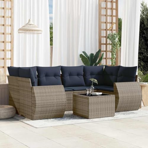 7-teiliges Gartensofa-Set, Grau Polyrattan, Modulare Outdoor Patio Möbel mit Marineblauen Kissen, Glastisch, Witterungsbeständig für Balkon, Terrasse 7-teiliges Gartensofa-Set, Grau Polyrattan, Modulare Outdoor Patio Möbel mit Marineblauen Kissen, Glastisch, Witterungsbeständig für Balkon, Terrasse von Teenpull