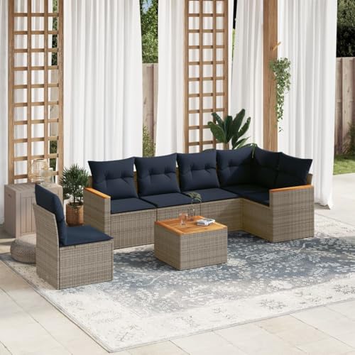 7-teiliges Gartensofa-Set, Grau Polyrattan, Modulares Outdoor Möbelset mit Kissen, Akazienholz Tischplatte, UV-beständig für Terrasse, Balkon 7-teiliges Gartensofa-Set, Grau Polyrattan, Modulares Outdoor Möbelset mit Kissen, Akazienholz Tischplatte, UV-beständig für Terrasse, Balkon von Teenpull
