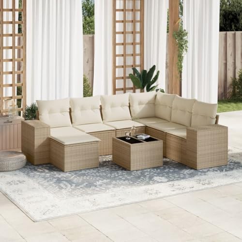 8-TLG. Garten-Sofagarnitur, Beige Poly Rattan Outdoor Möbel Set mit Kissen, Gartentisch Glasplatte, Modulares Design für Terrasse und Balkon 8-TLG. Garten-Sofagarnitur, Beige Poly Rattan Outdoor Möbel Set mit Kissen, Gartentisch Glasplatte, Modulares Design für Terrasse und Balkon von Teenpull