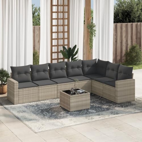 8-TLG. Garten-Sofagarnitur, Hellgrau Poly Rattan Lounge Set, Modulares Outdoor Möbelset mit Kissen, Gartentisch mit Glasplatte für Terrasse, Balkon, Hof von Teenpull