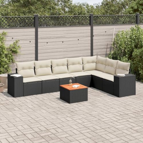 8-TLG. Garten-Sofagarnitur Schwarz aus Poly Rattan mit Cremeweißen Kissen, Modulares Outdoor Möbel Set für Terrasse, Balkon, Garten, Couch Lounge Sitzgruppe von Teenpull