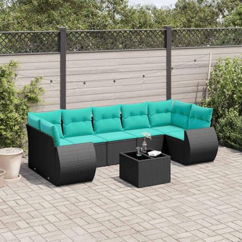 8-teiliges Gartensofa-Set, Schwarz Polyrattan Outdoor-Möbel mit Kissen, Gartentisch aus gehärtetem Glas, Modulares Design, UV-beständig für Terrasse, Balkon von Teenpull