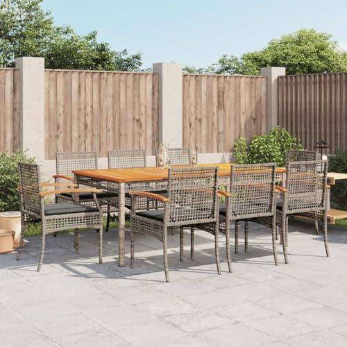 9-TLG. Garten-Essgruppe, Grau, aus wetterfestem Poly Rattan mit Akazienholz-Tischplatte, UV-beständig, für Terrasse, Balkon, Garten, inklusive Kissen – 180x90x75 cm 9-TLG. Garten-Essgruppe, Grau, aus wetterfestem Poly Rattan mit Akazienholz-Tischplatte, UV-beständig, für Terrasse, Balkon, Garten, inklusive Kissen – 180x90x75 cm von Teenpull