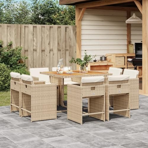 9-TLG. Garten-Essgruppe Beige Poly Rattan, Akazienholz Tisch, klappbare Stühle, UV-beständig, wetterfest, für Terrasse, Balkon & Garten Essbereich von Teenpull