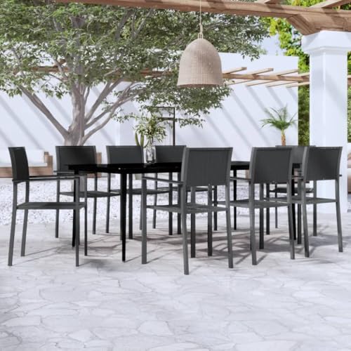 9-TLG. Garten-Essgruppe Schwarz, robuster pulverbeschichteter Stahlrahmen, 200 cm Glastisch, 8 Rattan-Stühle, für Terrasse, Balkon, Außenbereich, max. 110 kg Belastbarkeit pro Stuhl von Teenpull