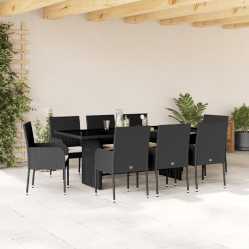 9-TLG. Garten-Essgruppe Schwarz Poly Rattan mit Kissen, Outdoor Patio Set für Garten, Balkon, Terrasse, 190x80x74cm Glastisch, UV-beständig 9-TLG. Garten-Essgruppe Schwarz Poly Rattan mit Kissen, Outdoor Patio Set für Garten, Balkon, Terrasse, 190x80x74cm Glastisch, UV-beständig von Teenpull