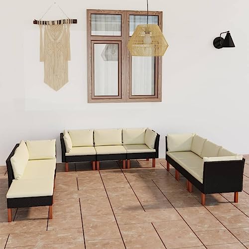 9-TLG. Garten-Lounge-Set, Schwarz Poly Rattan, robuste Stahlrahmen, Bequeme Kissen, für Terrasse, Balkon, Außenbereich von Teenpull