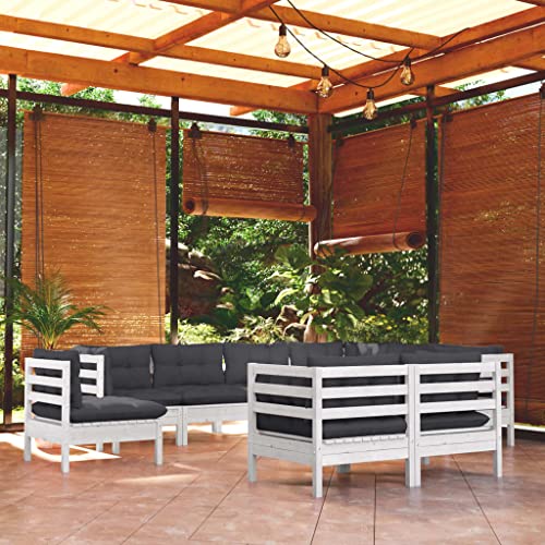 9-TLG. Garten-Lounge-Set, Weißes Massivholz Kiefer Außensofa mit Anthrazit Kissen für Patio, Balkon & Terrasse, Modulares Freizeit Möbel Set von Teenpull