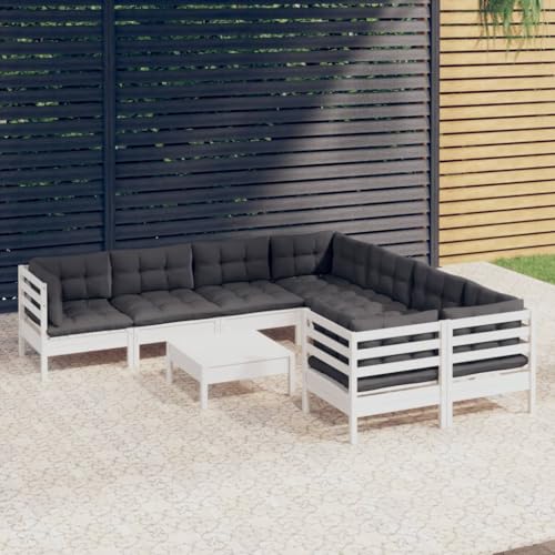 9-TLG. Garten-Lounge-Set, Weißes Massivholz mit Anthrazit Kissen für Patio, Modulares Outdoor-Möbel-Set für Entspannung im Garten oder auf der Terrasse von Teenpull