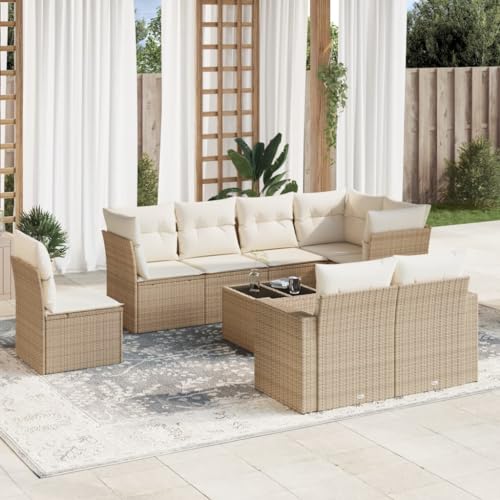 9-TLG. Garten-Sofagarnitur, Beige Poly Rattan Outdoor Lounge Set mit Kissen, Modulares Design für Terrasse, Balkon, Garten, Couch Garnitur mit Glastisch 9-TLG. Garten-Sofagarnitur, Beige Poly Rattan Outdoor Lounge Set mit Kissen, Modulares Design für Terrasse, Balkon, Garten, Couch Garnitur mit Glastisch von Teenpull