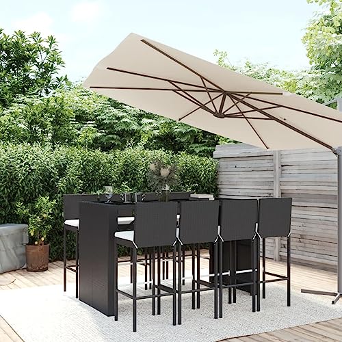 9-TLG. Gartenbar-Set Schwarz aus wetterfestem Poly Rattan, 185x80x110cm Bartisch mit 8 Stühlen und Kissen, Robustes Outdoor-Möbel-Set für Terrasse, Balkon, Garten von Teenpull