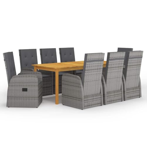 9-teilige Garten-Essgruppe aus Akazienholz und Polyrattan, Grau, mit 8 verstellbaren Stühlen und Kissen, für Terrasse, Balkon, Außenbereich 9-teilige Garten-Essgruppe aus Akazienholz und Polyrattan, Grau, mit 8 verstellbaren Stühlen und Kissen, für Terrasse, Balkon, Außenbereich von Teenpull