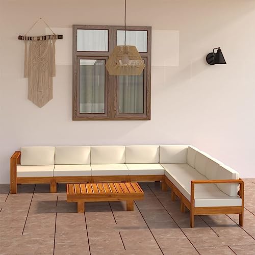 9-teiliges Garten-Lounge-Set aus massivem Akazienholz, 100 x 60 cm Tisch, Cremeweiße Kissen, Outdoor-Möbel für Balkon & Terrasse von Teenpull